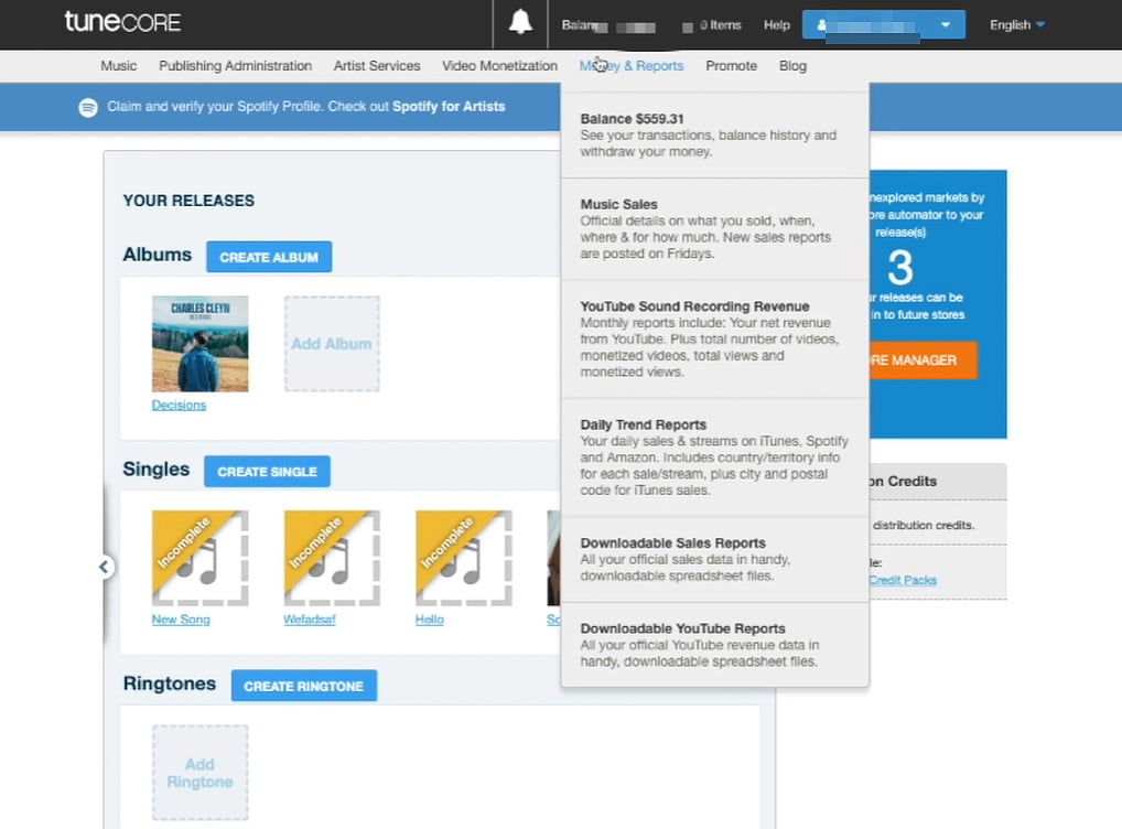 TuneCore Review: the best platform to distribute music? 6 TuneCore Dashboard