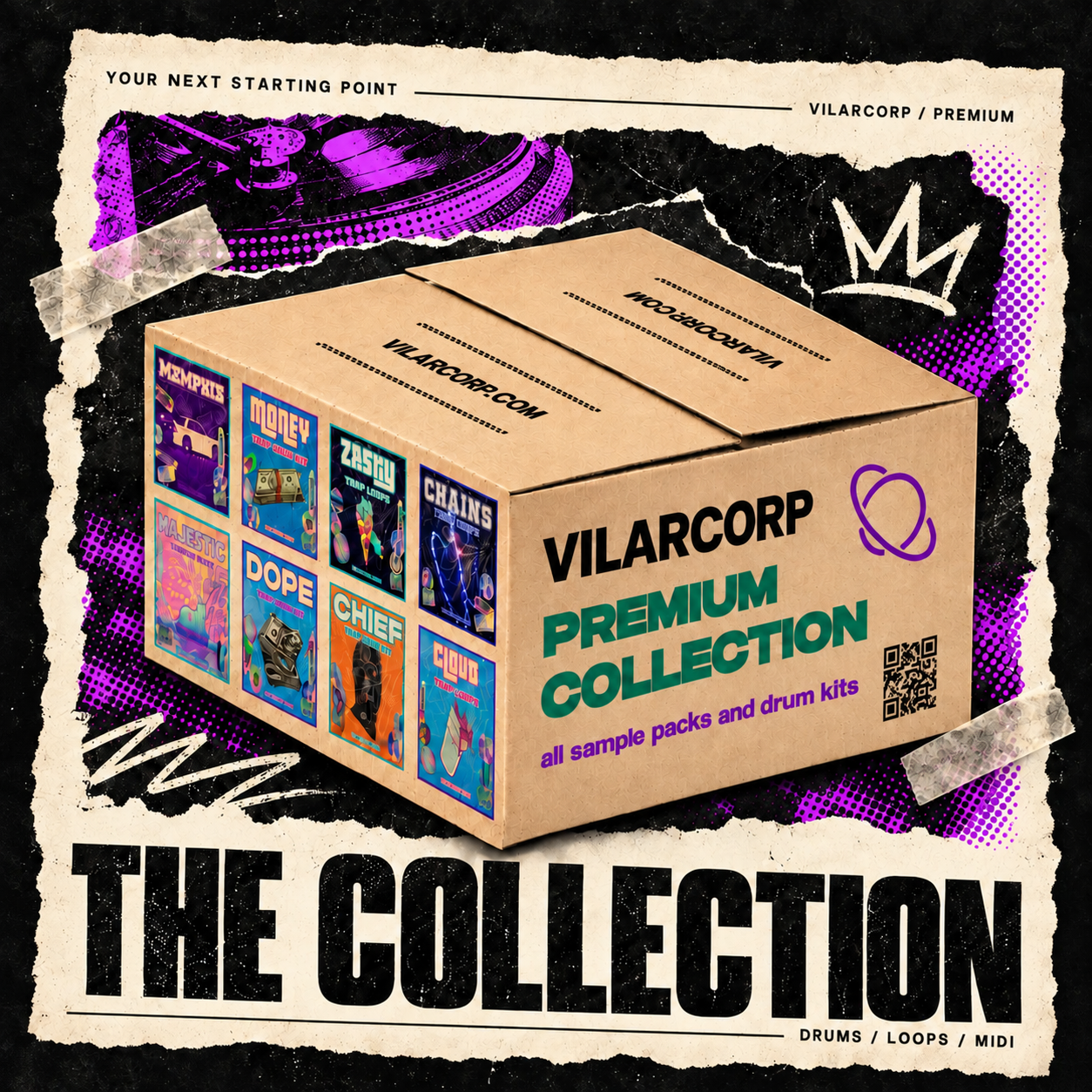 VILARCORP Premium — The Collection: drums, loops and MIDI, on a purple and cream street-art collage