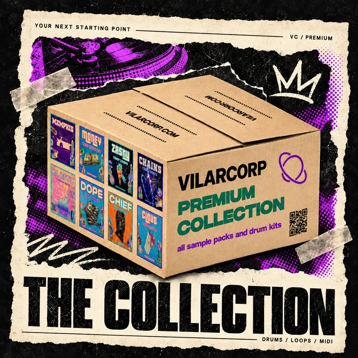VILARCORP Premium — The Collection: drums, loops and MIDI, on a purple and cream street-art collage